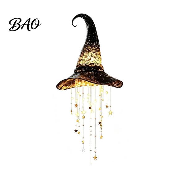 Halloween Hanging Decorations Lighted Witch Hat Chime, LED Glowing Wizard with Party Decoration Supplies Swinging Star Tassels, Indoor Outdoor