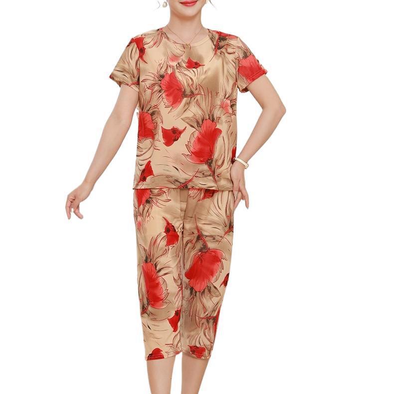 Stylish Ice Silk Two-Piece Summer Set for Middle-Aged Women: Loose, Casual Short Sleeve Suit
