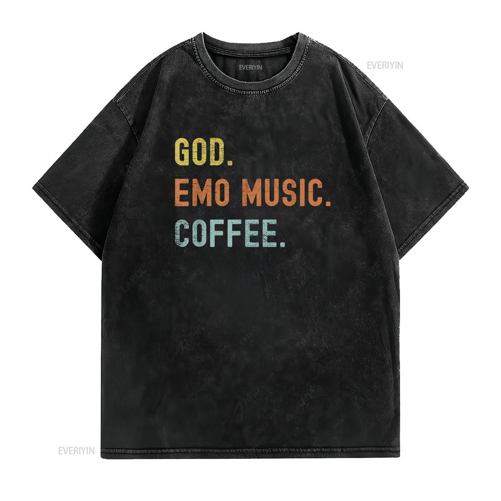 Vintages Emo Music And Coffee Distressed T Shirt vintage Washed Soft Breathable Stylish Versatile Unisex homme Casual Stretched