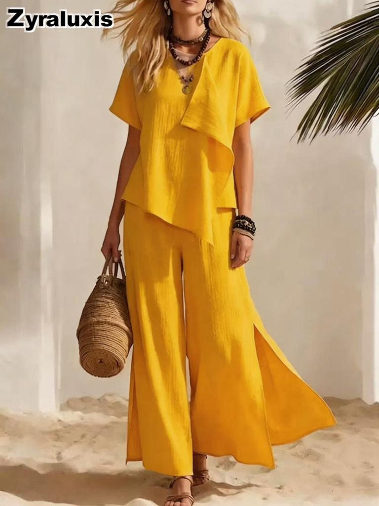 Women's Summer New Fashion Casual Irregular Short Sleeve Top with Wide Leg Pants