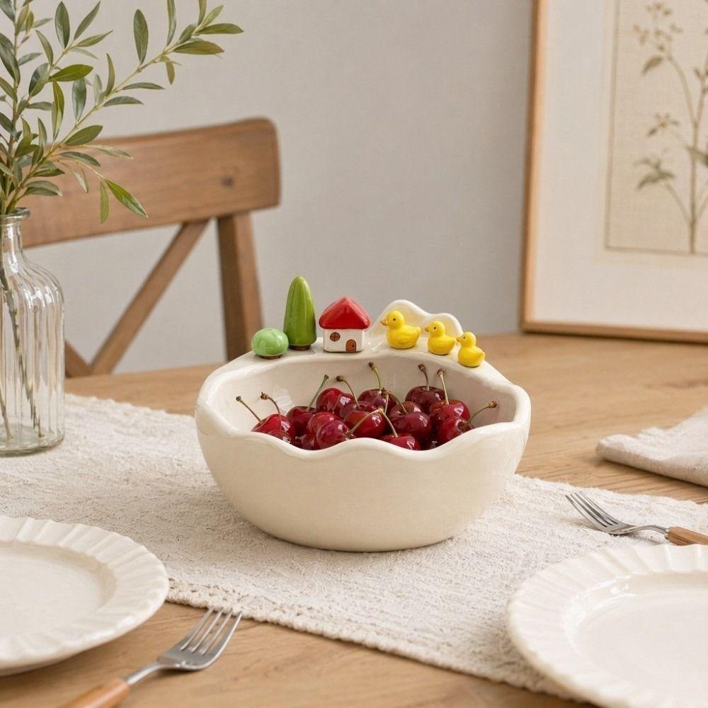 Cartoon Fruit Bowl with Fork Ceramic Decoration Fruit Storage Tray Large Capacity Stainless Steel Fork Fruit Serving Plate