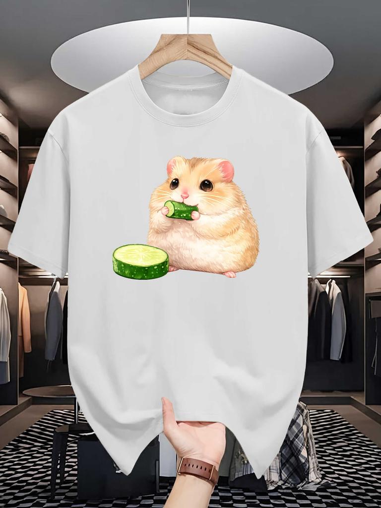 Unisex Cotton Tee Lovely Fluffy Hamster Eating Cucumber Graphic Print Loose Breathable Summer Crew Neck Casual Street T Shirt Unisex