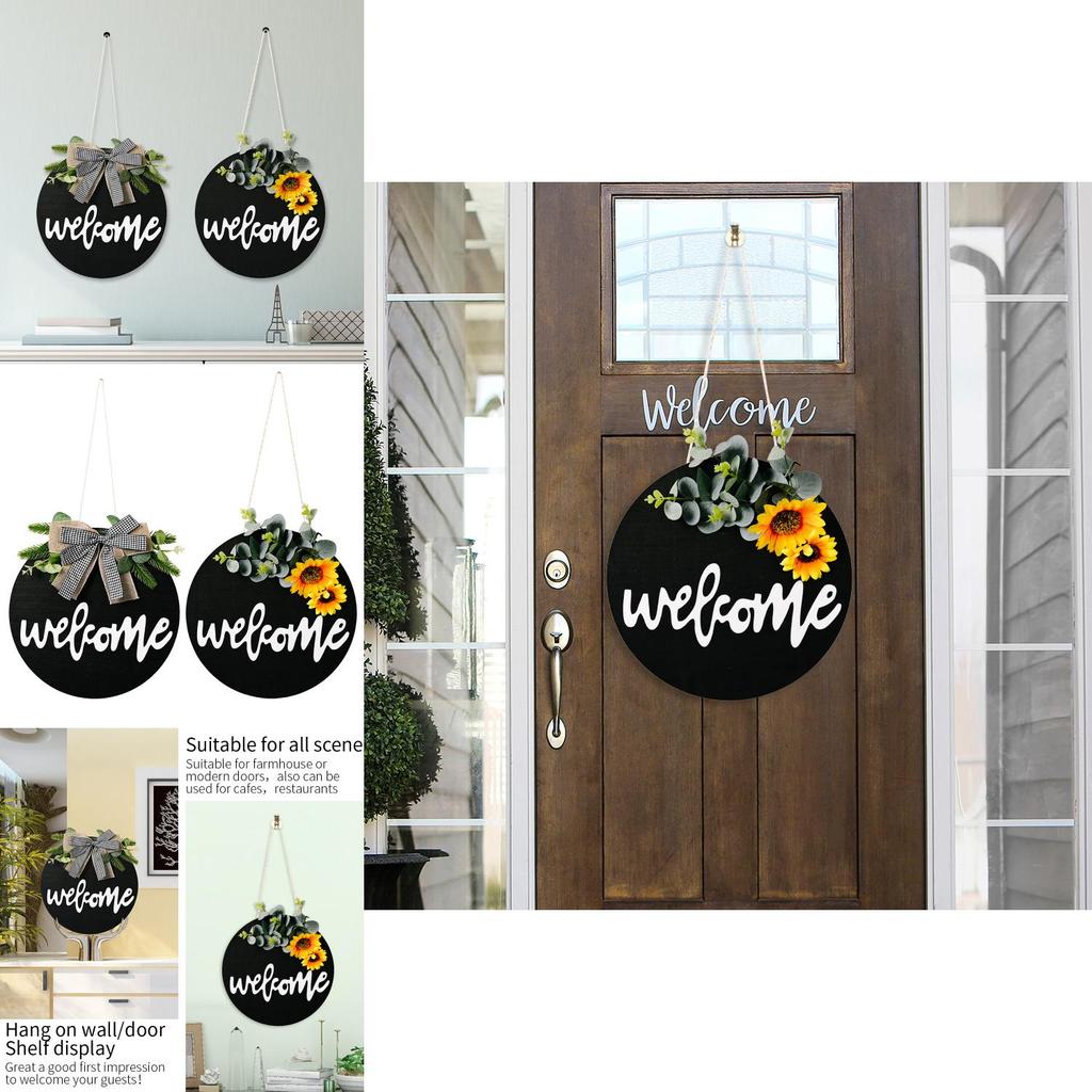 Rustic Wooden Welcome Door Sign With Beautiful Sunflower And Bow Decor For Home