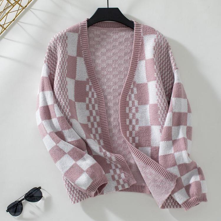 

Loose Knitwear Cardigan Long Sleeve Vintage Print Top Sweater for Autumn Winter V Neck S розовый