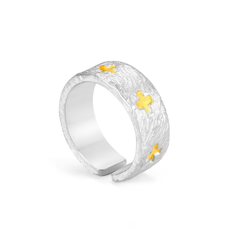 Adjustable Plated Cross Ring Men Women With Hammered Texture Minimalist Statement Finger