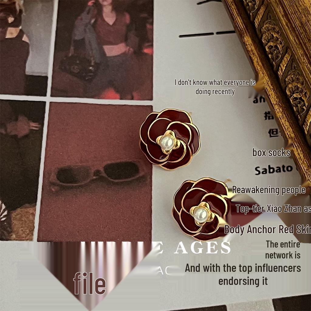 Boucles d'oreilles pendantes vintage en émail rouge bordeaux - Clous de style rétro français