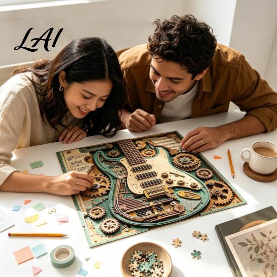 Decorative Jigsaw Puzzle 1/2 Sets 1000Pcs Steampunk Guitar Art Puzzle Gear Children Challenge Game Educatoional Musical Instrument Toy for