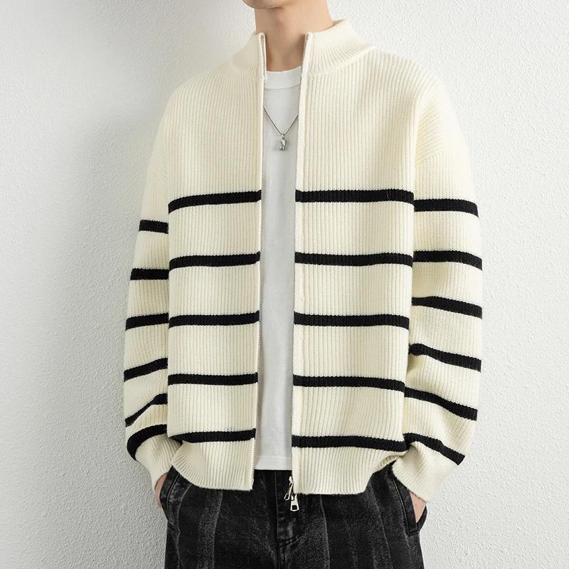 

Осень Зима Мужской Толстый Теплый Свитер Мужской Полосатый Вязаный Кардиган на Молнии Мужской Свободный Свитер Пальто Мужская Черная Верхняя Одежда XXXL бежевый