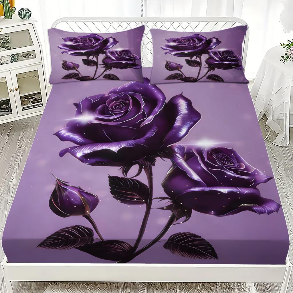 1PC Soft Fitted Sheet, 3D Romantic Floral Roses Print, 100% Polyester Washable Bed Sheet for Girls Adults, Queen Size Room Decor