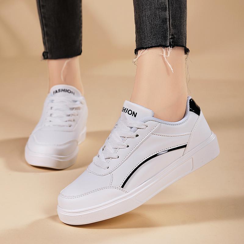 Women White Shoes Flat Female White Board Casual Shoes Lace Up PU Leather Walking Sneakers Thick Sole Outdoor Luxury Fashion