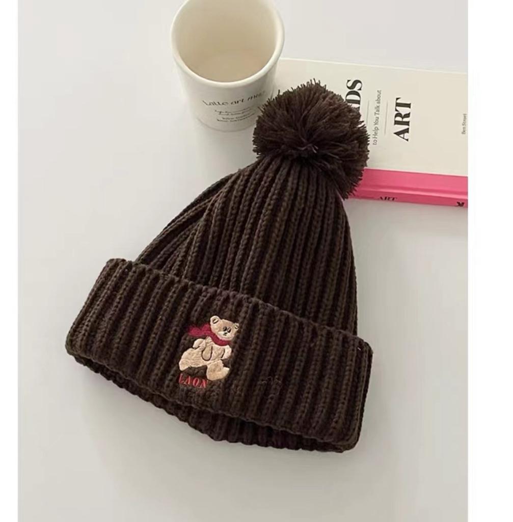 Cute bear embroidered knitted wool hat for children to keep warm in winter, thickened ear protectors, hairball cold hat to show small face