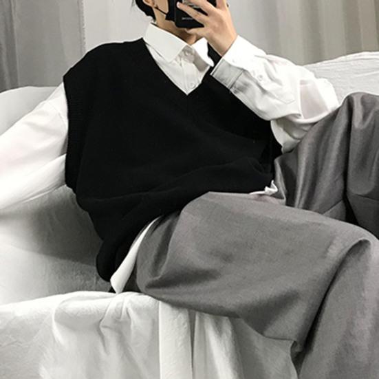 Men Sweater V Neck Solid Color Sleeveless All Match Spring Sweater for School