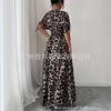 New European and American Women's Clothing Hot-selling V-neck Printing Sexy Leopard Print Waist Fashion, Long Dress