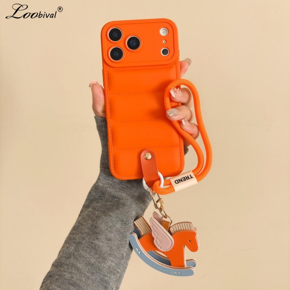 Cartoon Horse Down Jacket Hand Wrist Strap Case for For Iphone 17 16 1 Pro Max Air 14 Plus 13 12 11 X Xr Xs Lanyard Soft TPU Cover