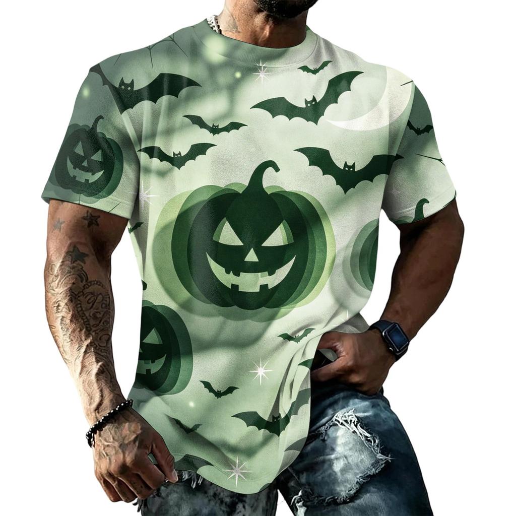 Men's Halloween Vintage Short Sleeve T Shirt Loose Fit Breathable Summer Sports Streetwear Casual Everyday Top with Pumpkin and Bat Print