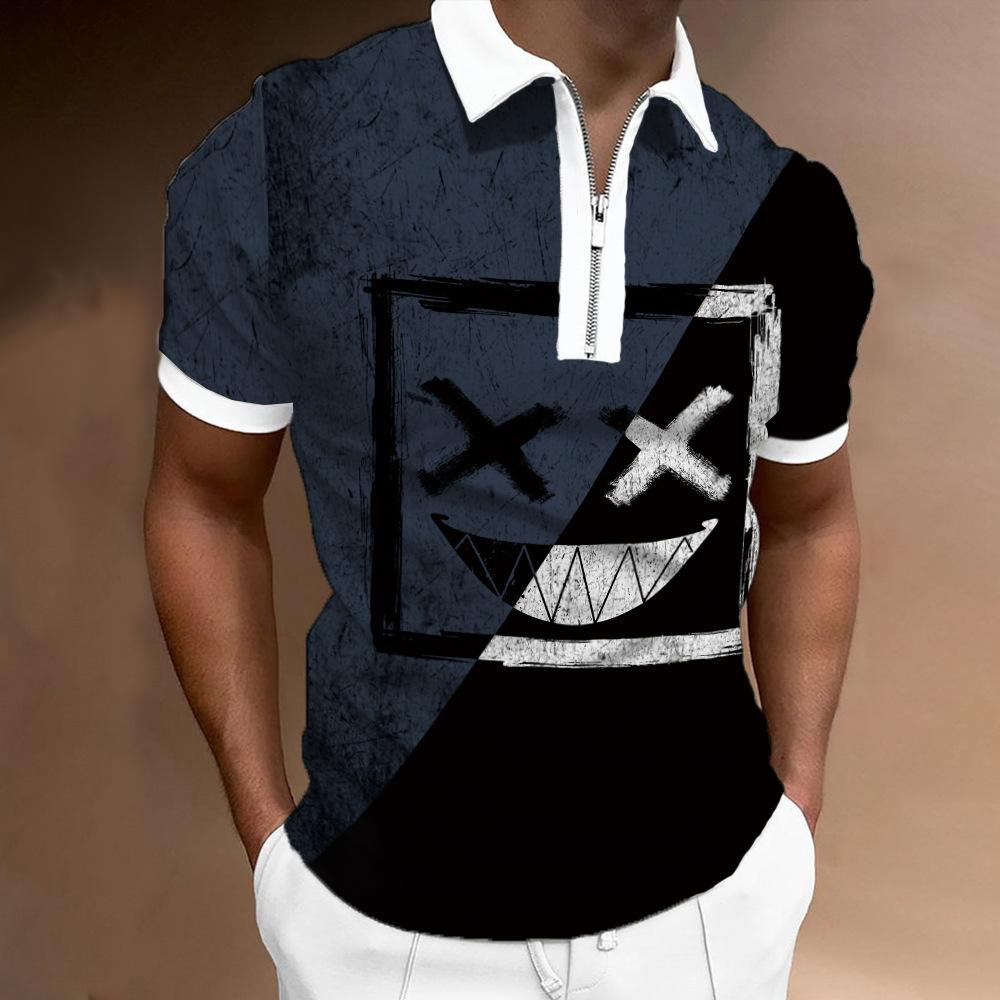 European and American Men's Clothing Summer New Loose Round Neck Funny Geometric Printing Short-sleeved POLO Shirt and Top