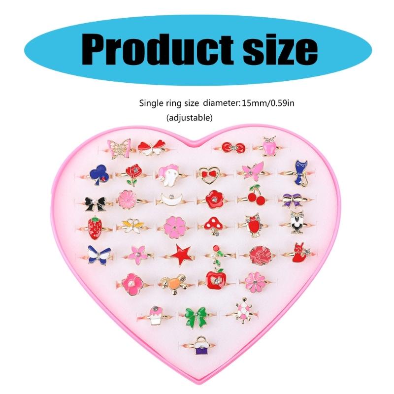 36pcs Adjustable Kids Rings Set Colorful Alloy Rings Fashionable Jewelry for Girls Dress Up Parties and Imaginative Play