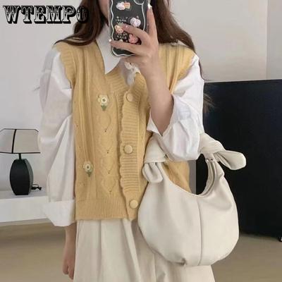 Gilet en tricot pour femme Printemps et Automne Débardeur Pull Style Doux Petites Fleurs Porté en superposition