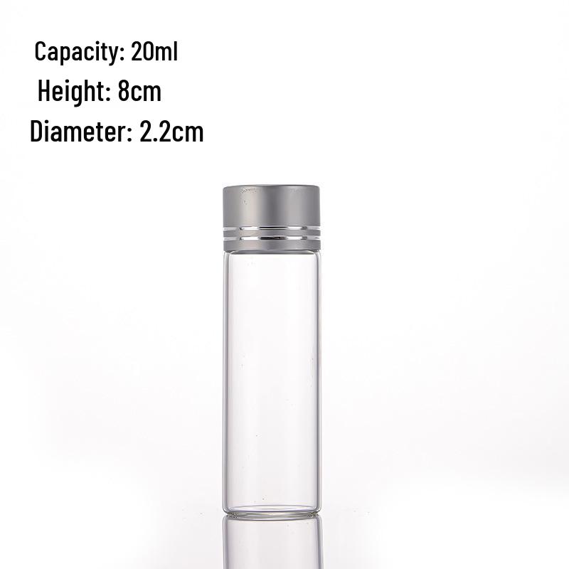 Cordyceps Chinese Medicine Storage Bottle - High Borosilicate Glass with Silver Aluminum Cap, 22mm Diameter, Threaded, Empty for Dispensing