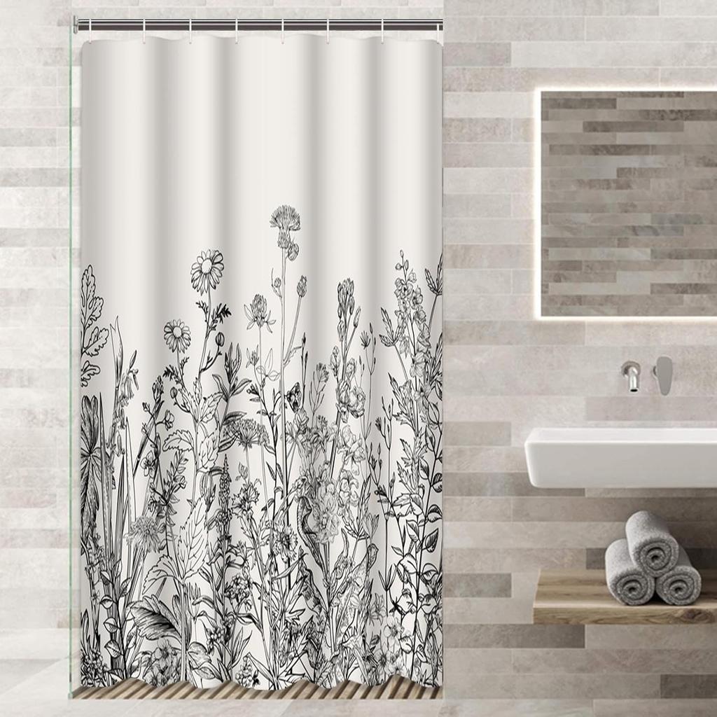 Duschvorhang floraler Rand Kräuter und Wildblumen Pflanzen Vintage Gravur hellgrauer Hintergrund schwarzer Polyesterstoff