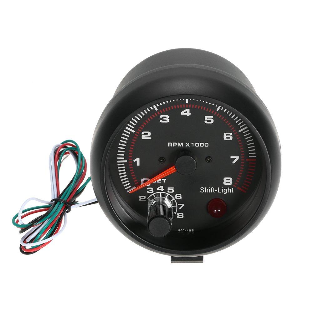 Shkalacar 3.75" Car Universal Tachometer Gauge,Automotive Tachometer Kit White Inter Shift Light 0-8000 RPM