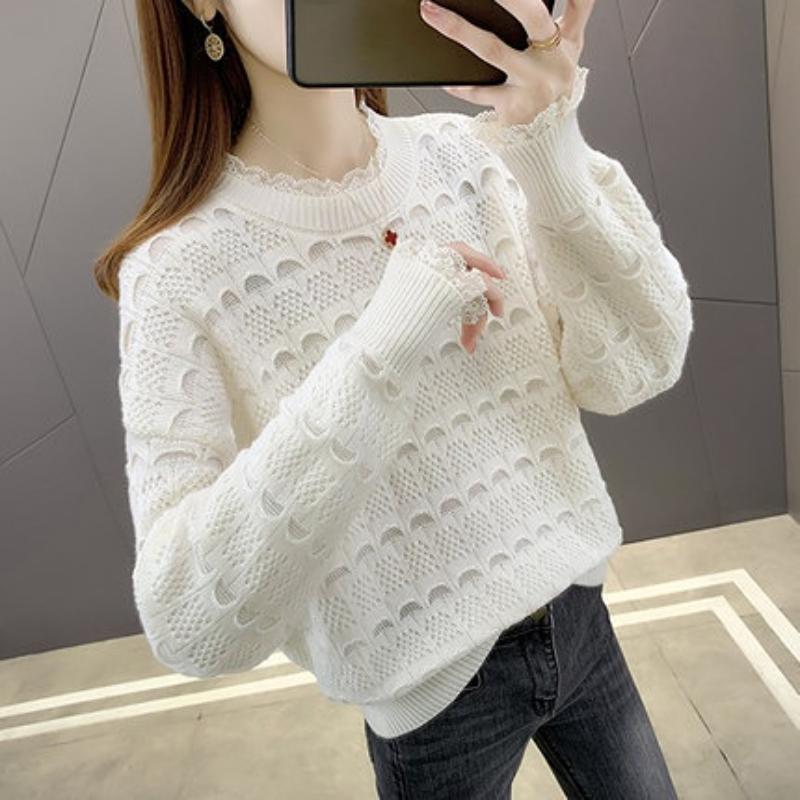 Genser Koreansk blonder med rund hals, hul langermet løs strikket underjakke