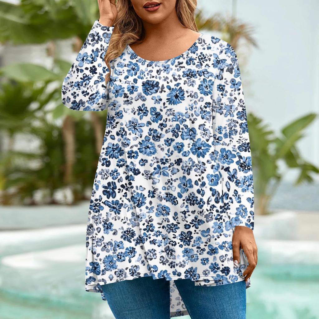 Women's Fashion Large Size Round Neck Long Sleeve Casual Print Loose Pullover Top