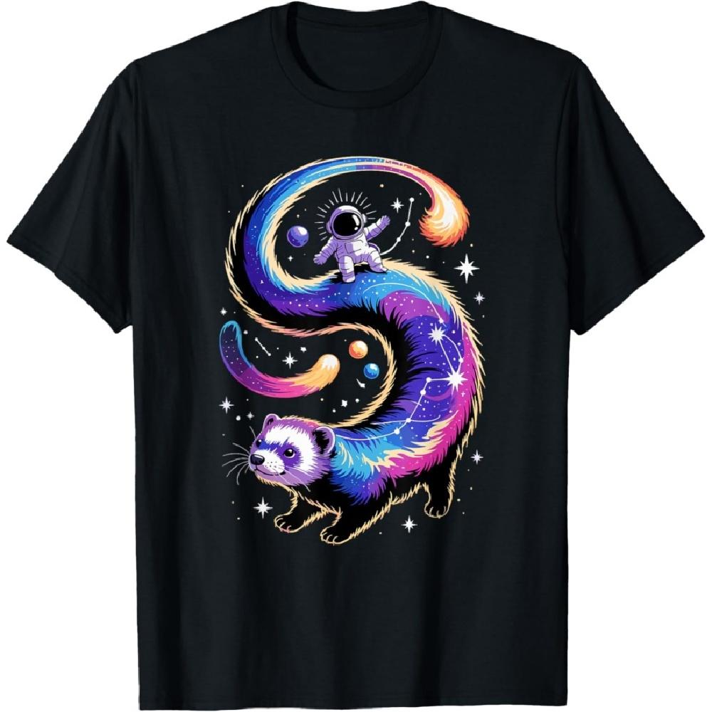 

Astronaut Rides Ferret Space Stars Comets Galaxy Planets T-Shirt S