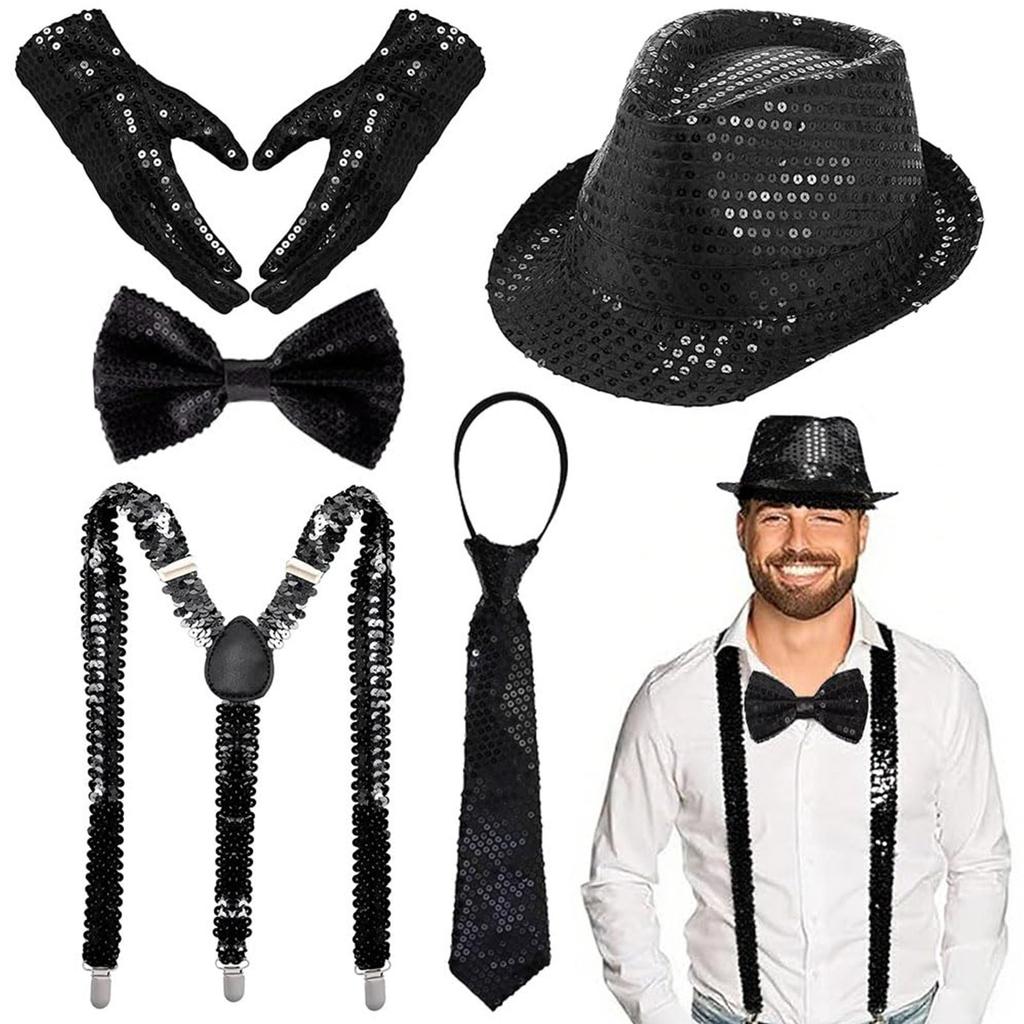 Pailletten Fedora Hoed Stropdas Bretels Stropdas Handschoenen Set voor Volwassenen Unisex Kostuum Accessoires voor Feest Evenement