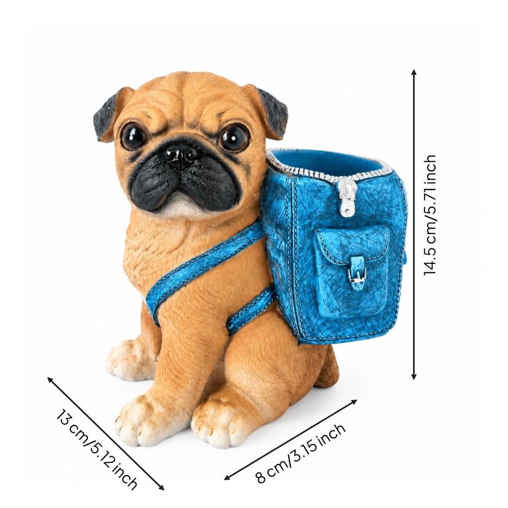 PugShaped Pen Holder Decorative Pug Desk Organizer with Front Pocket Playful Canine Sculpture