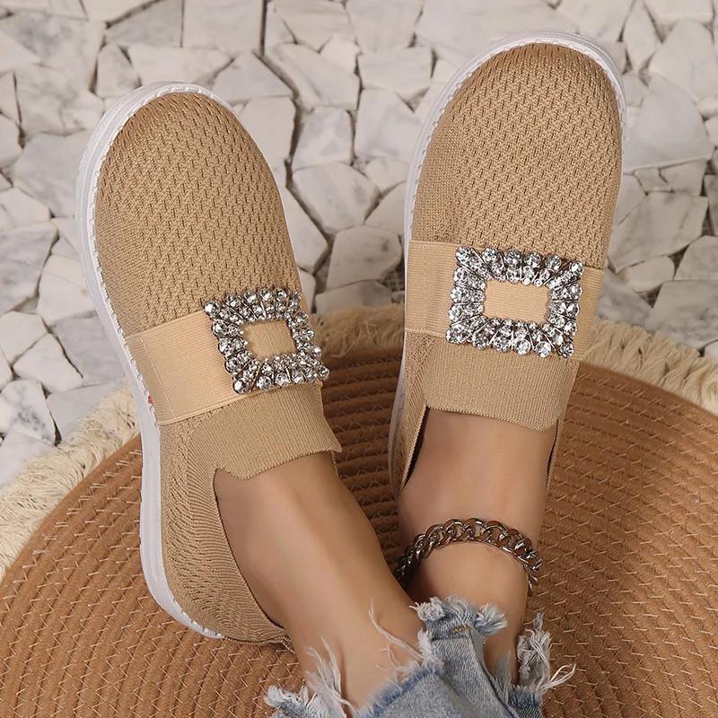 Fashion Rhinestone Mesh Knitted Loafers for Women Mesh Breathable Slip-On Casual Flats Woman 2025 Autumn Soft Sole Walking Shoes Ladies