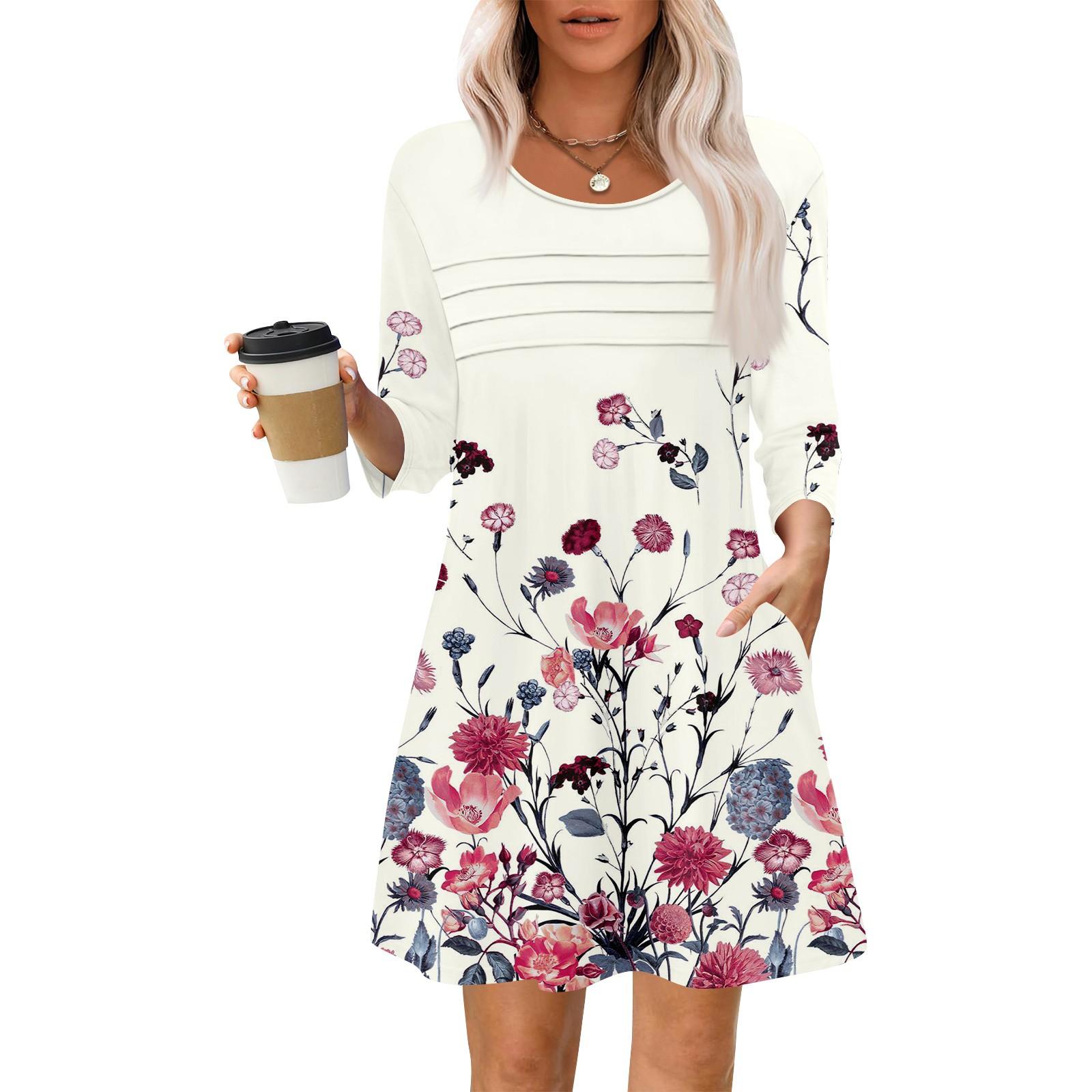 

Жіночі літні повсякденні сукні в тонку смужку з довгим рукавом у складку з квітковим принтом XL білий