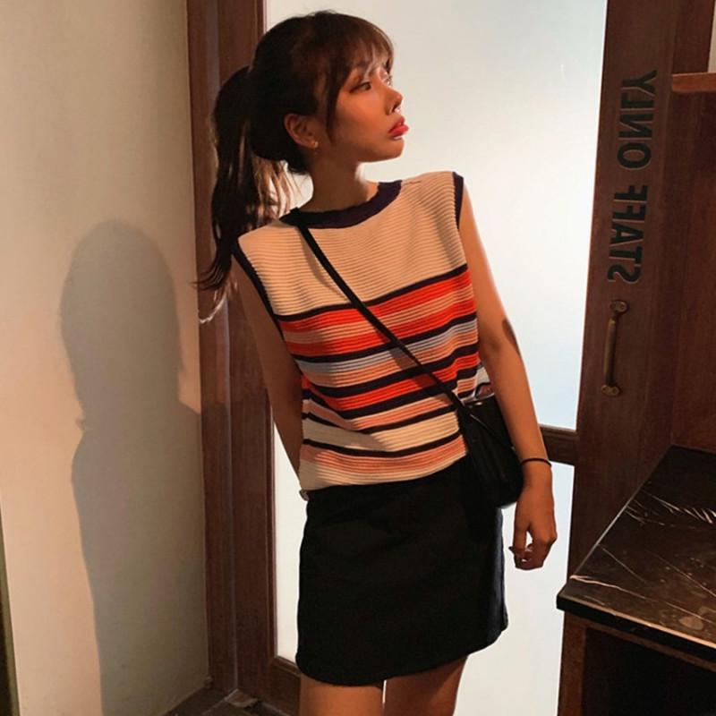 Korean Style Summer Striped Sleeveless Ice Silk Vest for Women