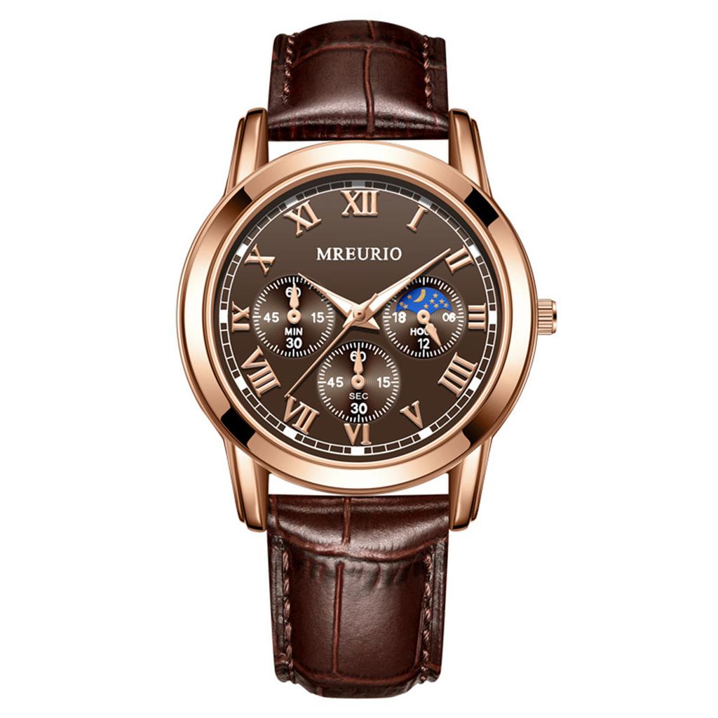 Men Women Classic Analog Wrist Watch with Roman Numerals Leather Strap Quartz Movement Multi-Function Sub-Dials Water Resistant
