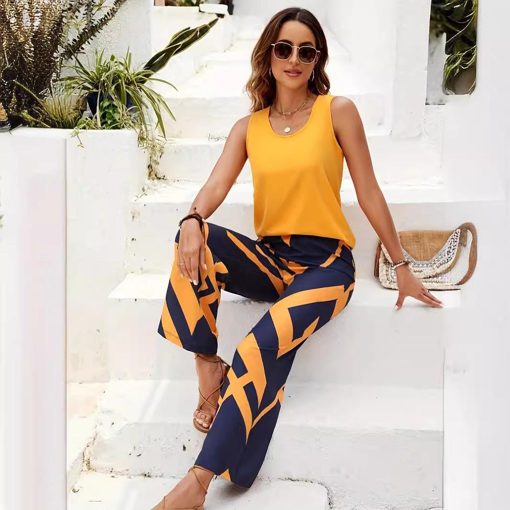 Women's set casual solid color sleeveless round neck vest geometric print trousers two-piece set