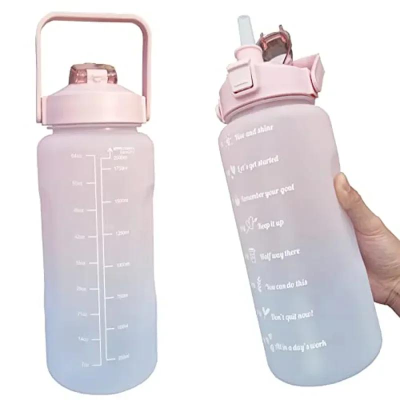 2L Large Capacity Plastic Water Bottle Time Scale Label Sticker Space Cup Spring Cap Painted Gradient Color Water Cup