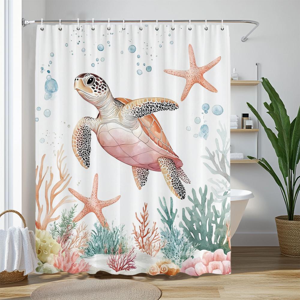 Marineland Sea Turtle Fun Shower Curtain For Beach Theme Bathroom Decorative Shower Curtain, Waterproof Shower Curtain With Hook
