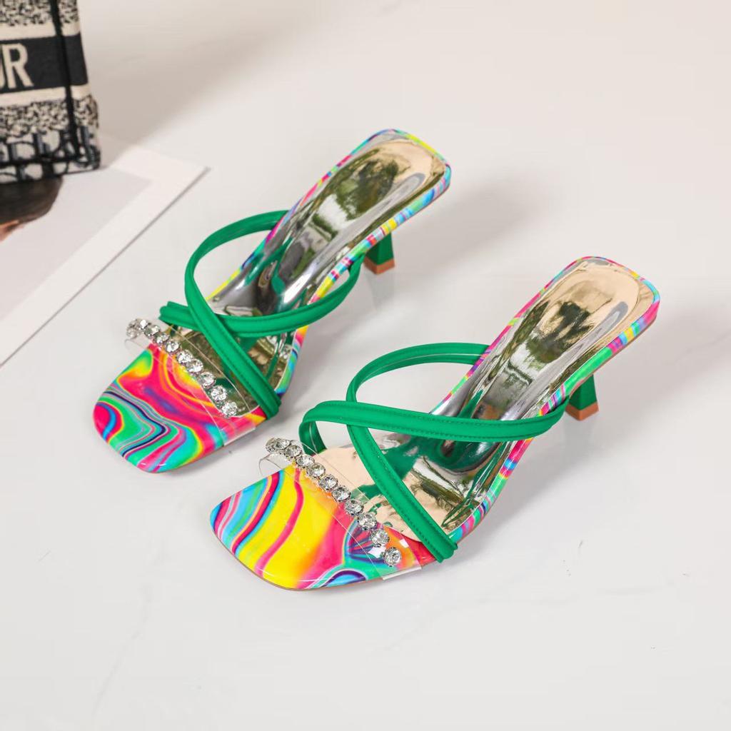 Slides Rhenstone Heeled Shoes Pink Women's Slippers and Ladies Sandals Chic Elegant Fashionable On Promotion Summer Footwear Pvc