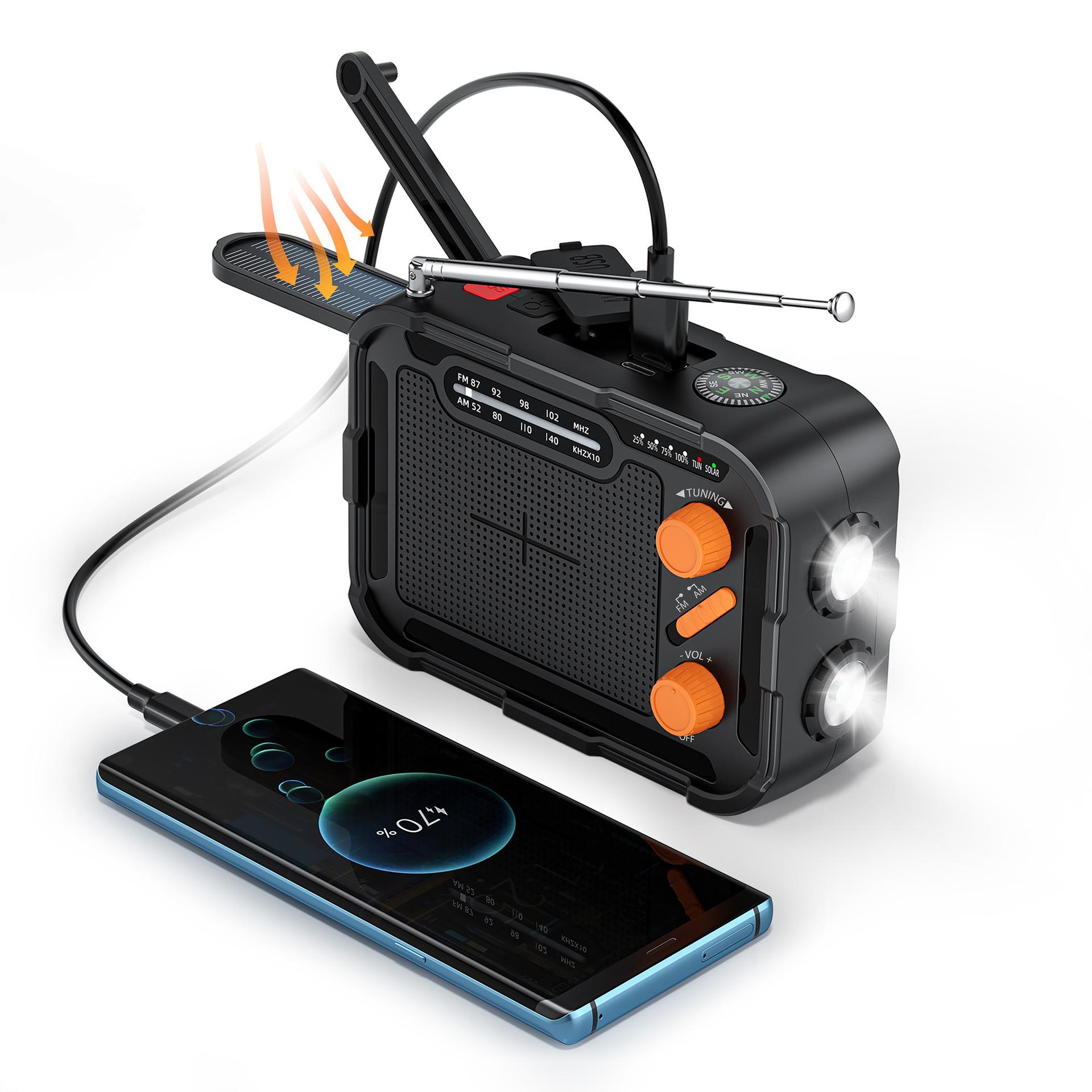 

Наружное многофункциональное радио с рукояткой, аварийное освещение, солнечная зарядка чёрный