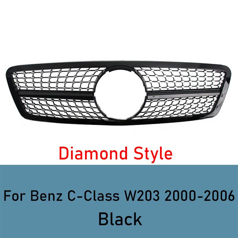 For Mercedes C-Class W203 2000-2006 Front Grill Grille Mesh ABS Black Chrome Car Grille  Tuning Accessories Facelift