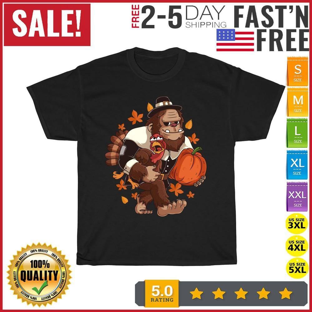 

Bigfoot Pilgrim Pumpkin Turkey Day Thanksgiving Fall Autumn T Shirt Men Women 2XL