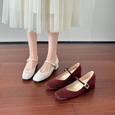 Spring and Summer Square Head Shallow Mouth Single Shoes Women's Medium Thick Heel One-word Buckle Thick Heel Mary Jane Shoes