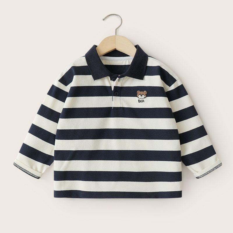 Boys  Polo Shirt Autumn Style Children s Clothing Long-Sleeve T-Shirt Spring and Autumn Baby Base Shirt New Autumn Top Autumn Wear Off-White Navy Blue Strips 120