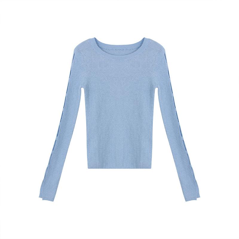 Early autumn new knitted sweater top women's slim elastic pullover fine gold silk wool rhombus bottoming shirt