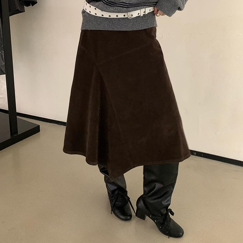 2025 Korean Retro High-Waist Irregular A-Line Midi Skirt Large коричневый
