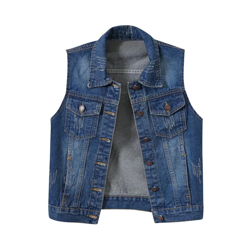 Women's Fashion Solid Color Sleeveless Pocket Short Style With Frayed Edges And Holes Cardigan Vest Jacket