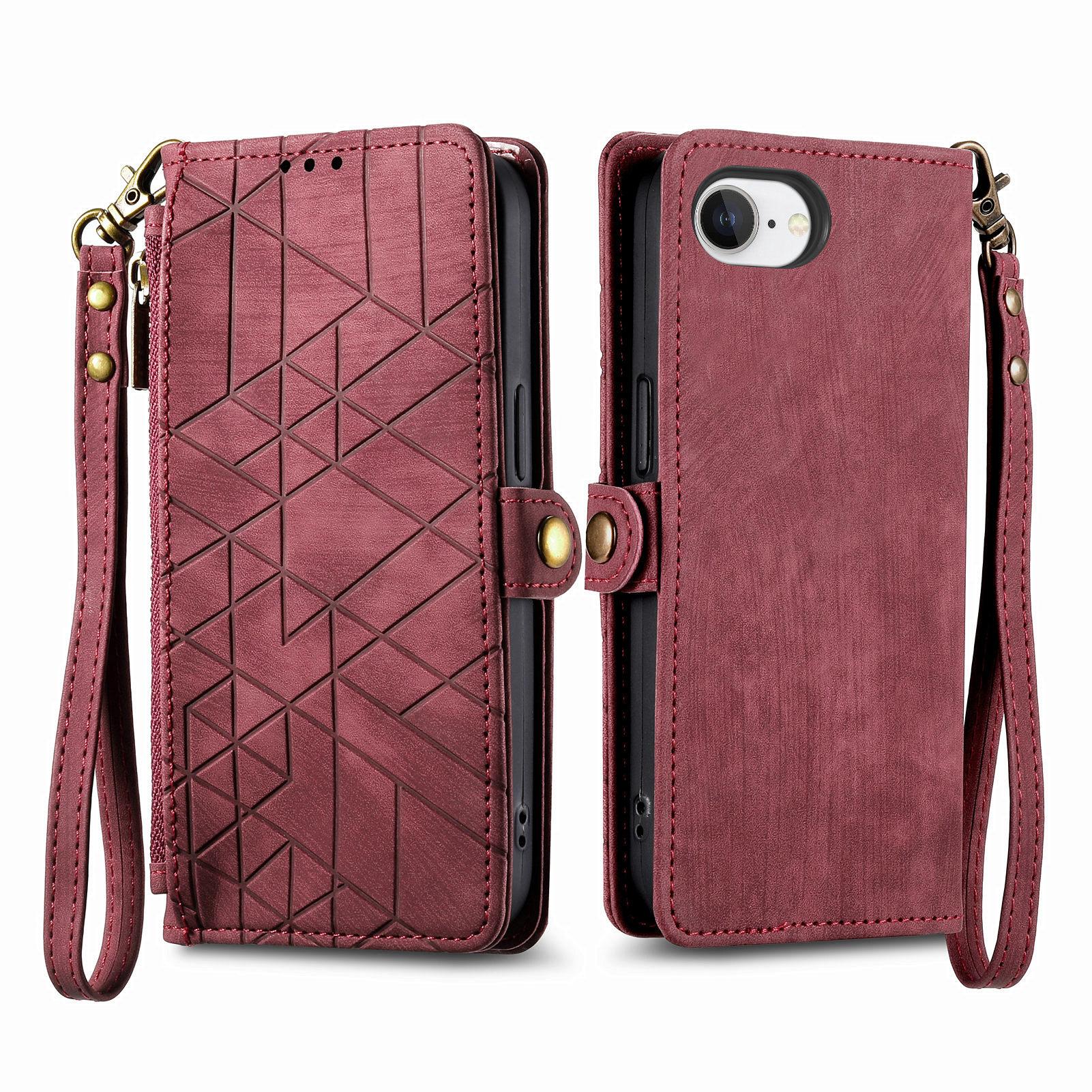 

For iPhone 16e Zipper Wallet Case Geometry Lines Leather Phone Cover with Strap Pink