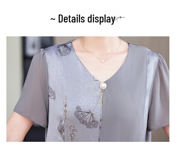 Elegante conjunto de verano de chifón de dos piezas para mamá – Manga corta, talla grande, para mujeres de mediana edad y mayores.