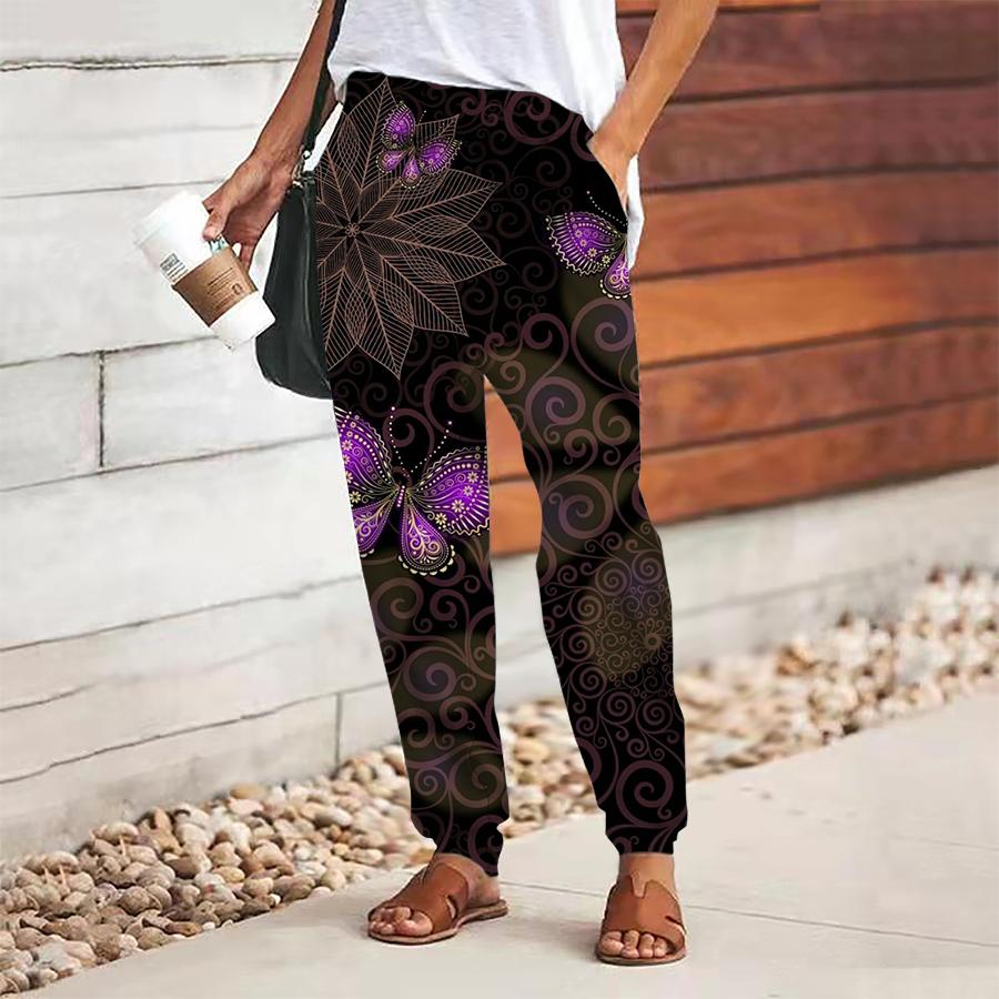 Women Retro Printing Pants Lace Up Elastic Waist Loose  Trousers Casual Long Pants Trousers with Pockets
