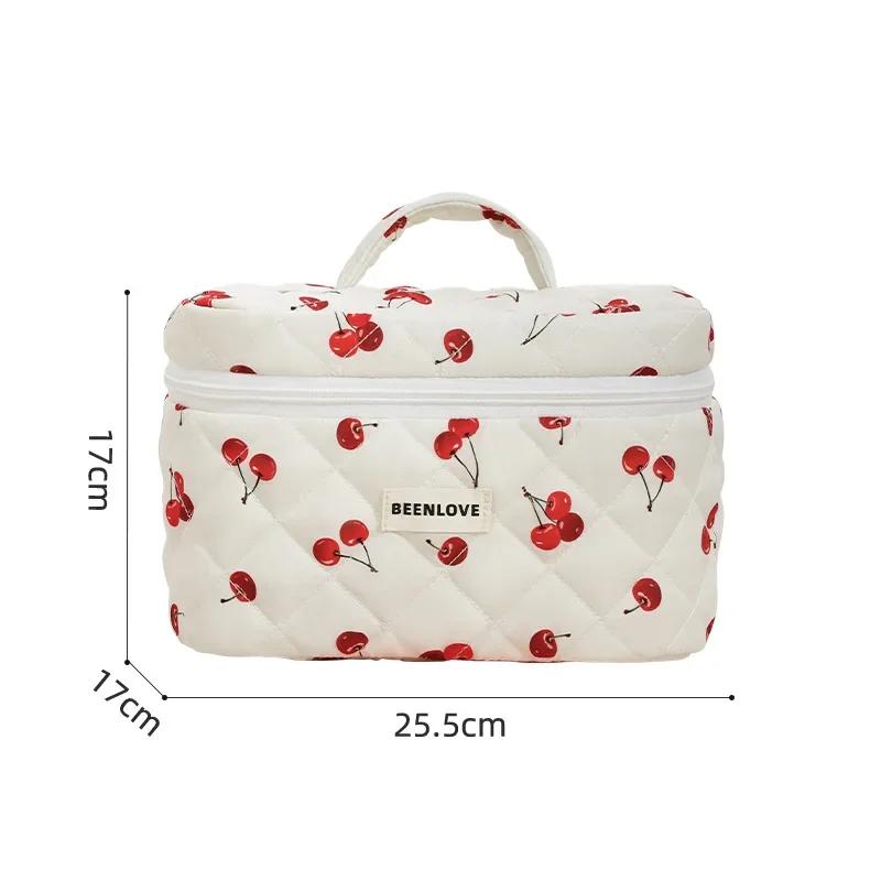 

Storage Organizer Cherry Printing Makeup Bag Quilted Cosmetic Pouch Large Travel Cosmetic Bag Cute Cotton Makeup Pouch